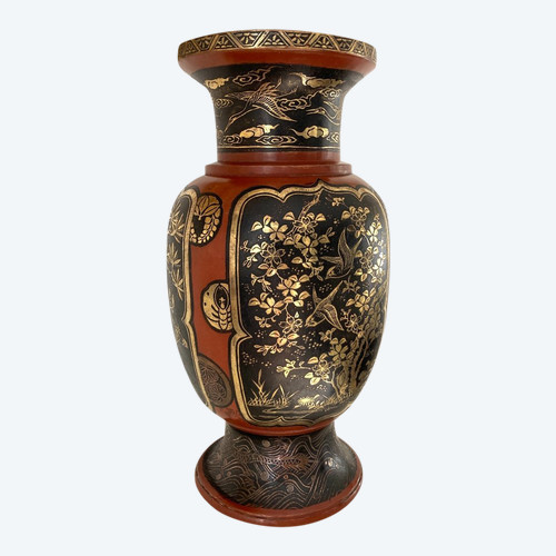 Vaso giapponese Dinanderie, laccato, intarsiato in oro e argento, Meiji XIX secolo