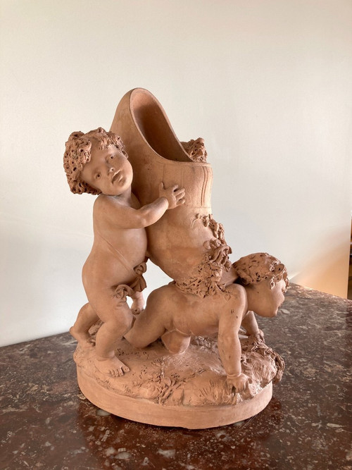 Terracotta di Luca Madrassi (1848-1919) - Allegoria con fiori e putti