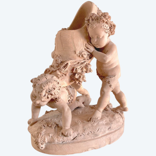 Terracotta di Luca Madrassi (1848-1919) - Allegoria con fiori e putti