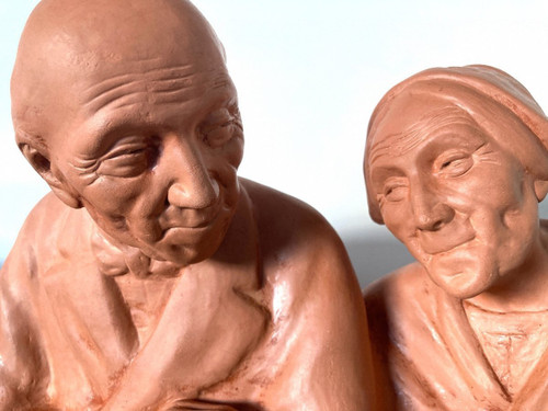 Gaston Hauchecorne, Coppia di anziani in terracotta - Periodo Art Déco