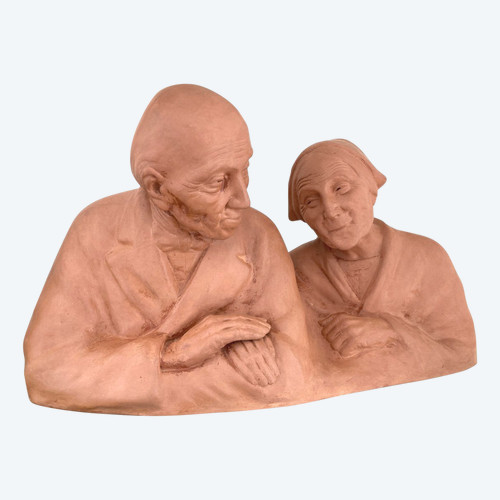 Gaston Hauchecorne, Coppia di anziani in terracotta - Periodo Art Déco