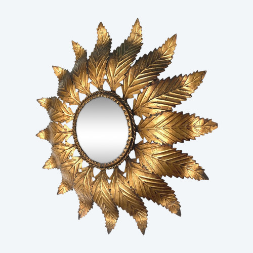Miroir Soleil en fer doré, dans le Goût de Chaty Vallauris, Années 1960