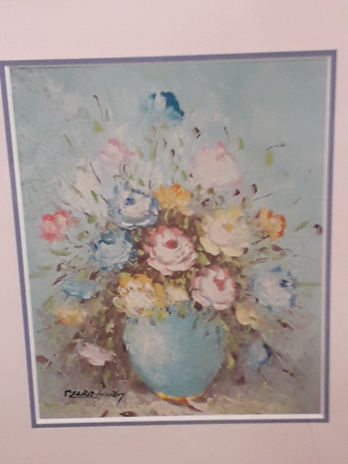 Hinterglasmalerei Blumenstrauß signiert