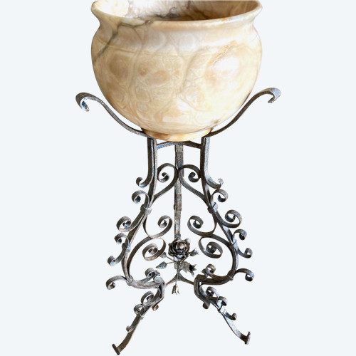 Tripod Base, Wrought Iron And Marble Pot Cover, Late 19th C.