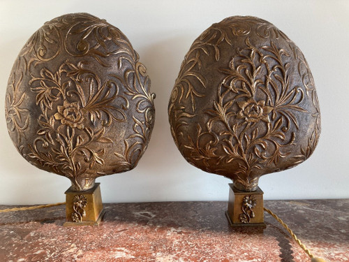 Paire de lampes, en appliques à poser, en cuivre doré, Italie 19ème