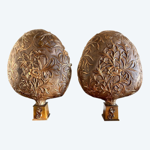 Paire de lampes, en appliques à poser, en cuivre doré, Italie 19ème