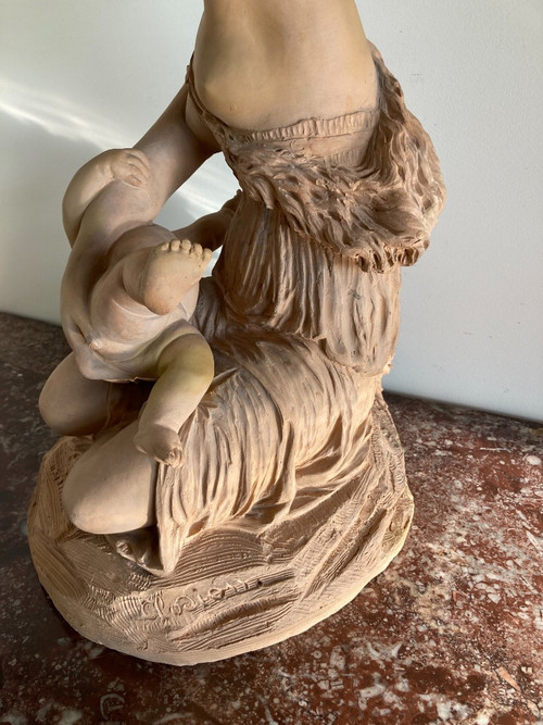 Scultura in terracotta, Donna con bambino - opera francese Fine XIX sec.