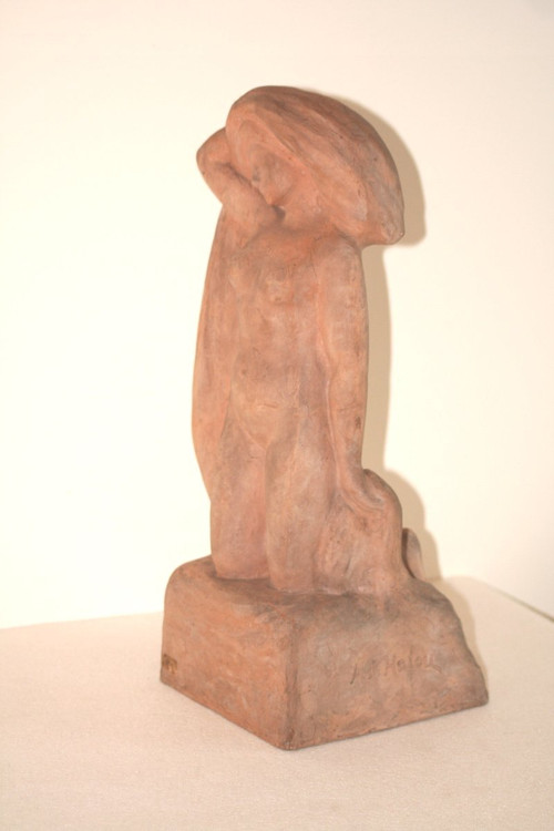 Terrakotta-Skulptur, Nacktbadende, signiert Alfred Jean Halou, Anfang des 20. Jahrhunderts 1910/1920