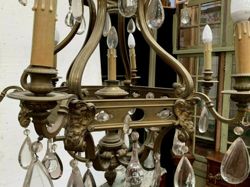 Lampadario a gabbia in stile rinascimentale in bronzo e pendenti in vetro colorato XIX