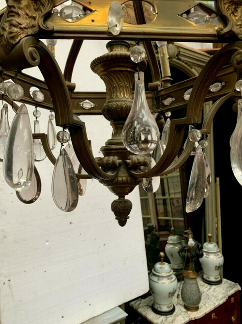 Lampadario a gabbia in stile rinascimentale in bronzo e pendenti in vetro colorato XIX