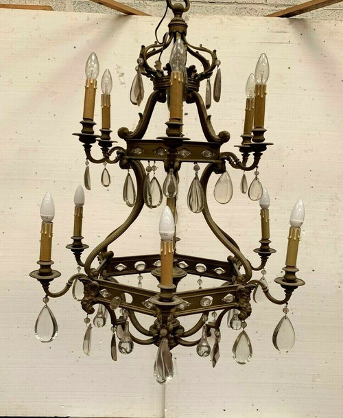 Lampadario a gabbia in stile rinascimentale in bronzo e pendenti in vetro colorato XIX