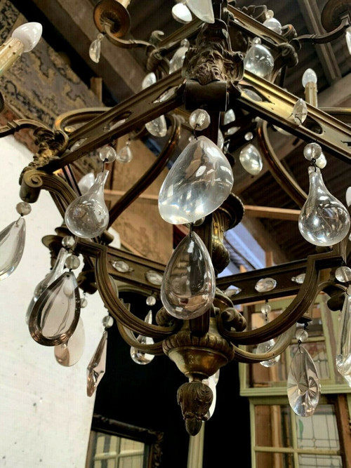 Lampadario a gabbia in stile rinascimentale in bronzo e pendenti in vetro colorato XIX