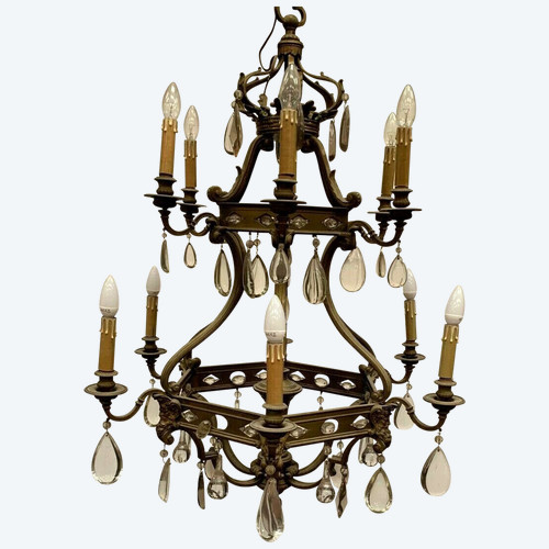 Lampadario a gabbia in stile rinascimentale in bronzo e pendenti in vetro colorato XIX