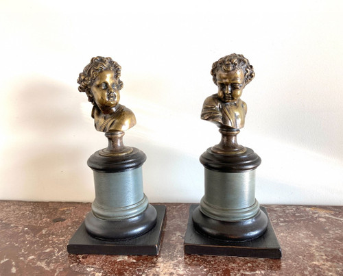 Pair of busts of young children in Silver Bronze - 18th century