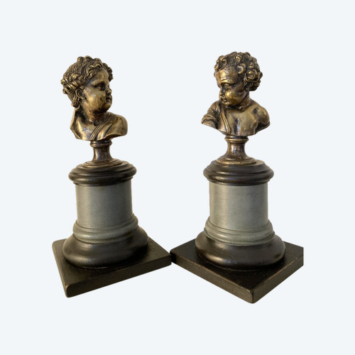 Pair of busts of young children in Silver Bronze - 18th century