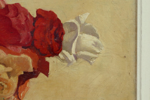 Grand Tableau « Nature Morte au bouquet de fleurs » signé Obligi – Début XXe
