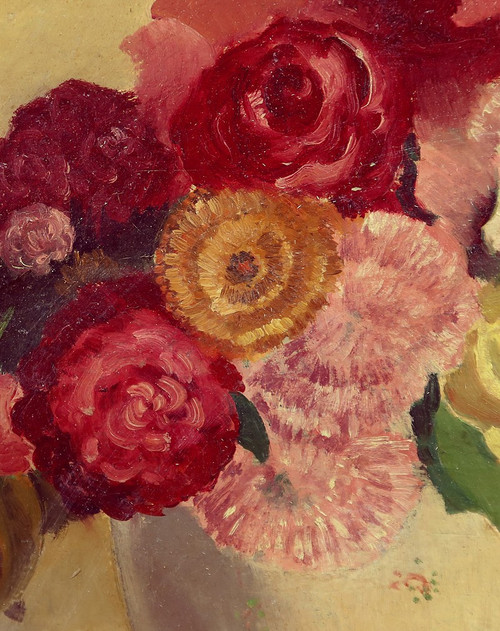 Grand Tableau « Nature Morte au bouquet de fleurs » signé Obligi – Début XXe