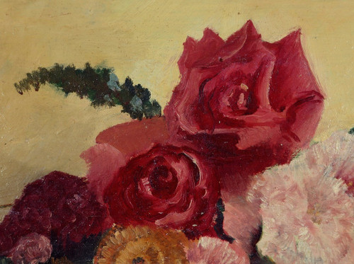 Grand Tableau « Nature Morte au bouquet de fleurs » signé Obligi – Début XXe