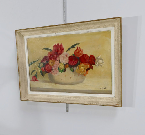 Grand Tableau « Nature Morte au bouquet de fleurs » signé Obligi – Début XXe