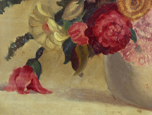 Grand Tableau « Nature Morte au bouquet de fleurs » signé Obligi – Début XXe