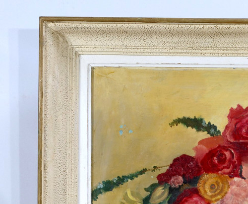 Grand Tableau « Nature Morte au bouquet de fleurs » signé Obligi – Début XXe