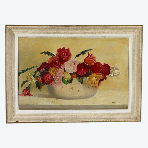 Grand Tableau « Nature Morte au bouquet de fleurs » signé Obligi – Début XXe
