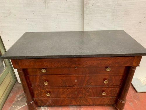 Commode d'époque Empire A Colonnes Détachées XIX Siècle Commode Acajou Flammé