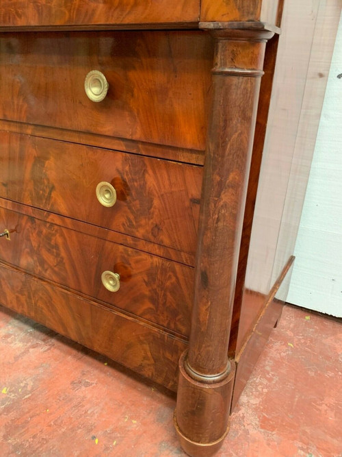 Commode d'époque Empire A Colonnes Détachées XIX Siècle Commode Acajou Flammé