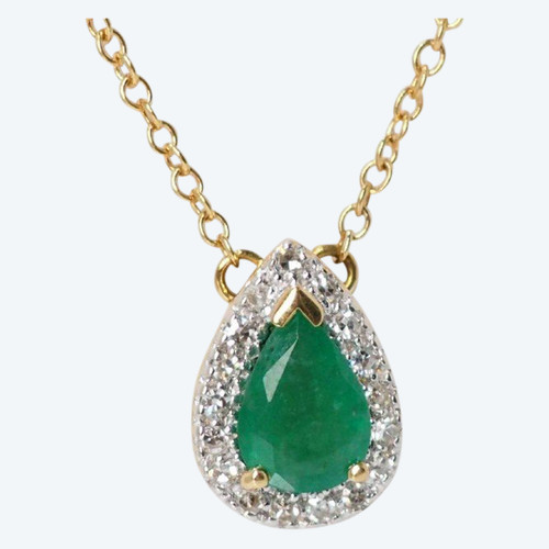 Pendant Necklace In Yellow Gold, Emerald And Diamonds