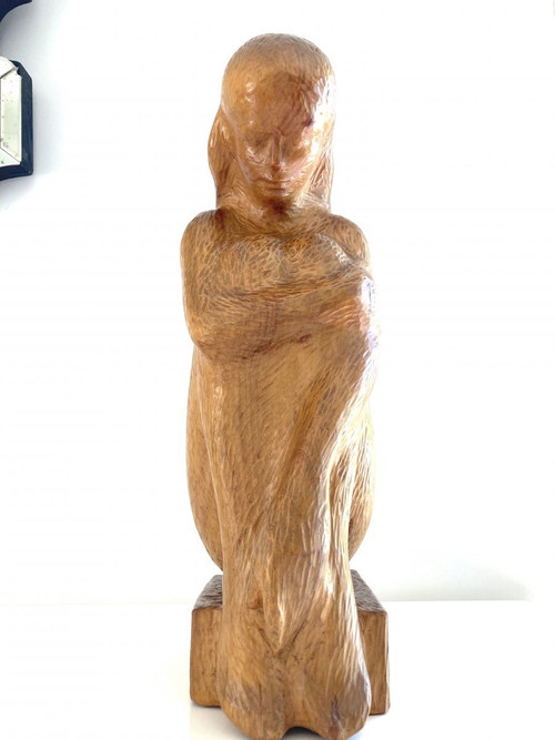 Grande Sculpture Jeune Femme 64 Cm, Bois Massif, De Michel Bonnand