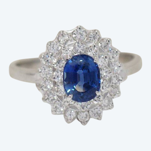 Bague Double Entourage En Or Blanc, Saphir Et Diamants