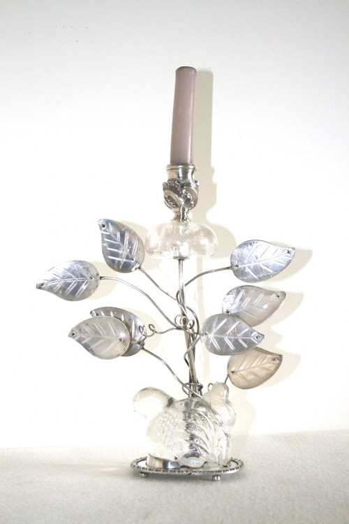 Pair of silver-plated metal and rock crystal candlesticks - Baguès style