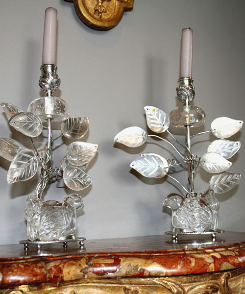 Pair of silver-plated metal and rock crystal candlesticks - Baguès style