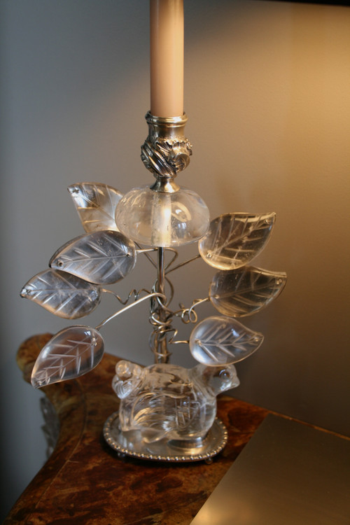 Pair of silver-plated metal and rock crystal candlesticks - Baguès style