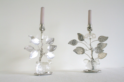 Pair of silver-plated metal and rock crystal candlesticks - Baguès style