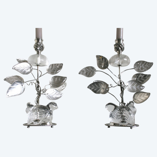 Pair of silver-plated metal and rock crystal candlesticks - Baguès style