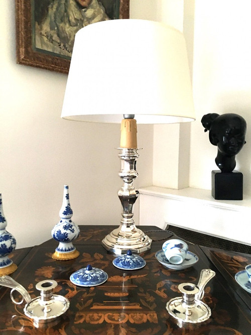 Large Candlestick Lamp, Silver Metal