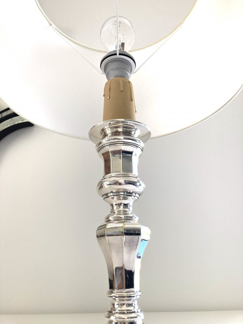 Large Candlestick Lamp, Silver Metal