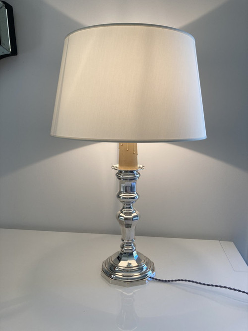 Large Candlestick Lamp, Silver Metal