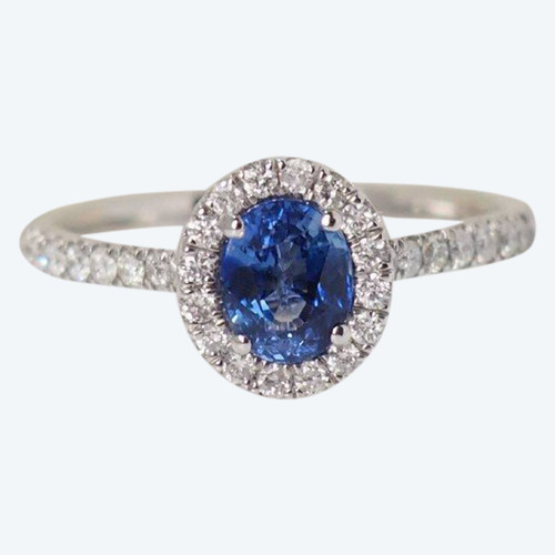 Bague Entourage En Platine, Saphir De Ceylan Et Diamants