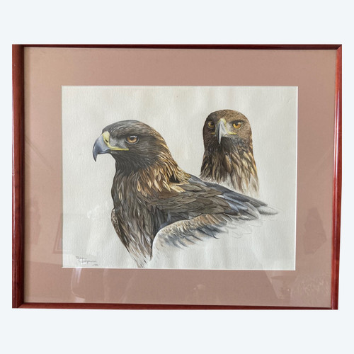 Aquarelle à Deux Têtes d'Aigles Royals Signées Philippe Varnardois