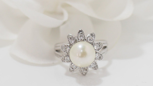 White Gold, Cultured Pearl and Diamond Flower Ring
