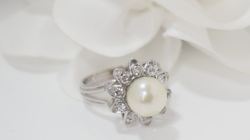 White Gold, Cultured Pearl and Diamond Flower Ring