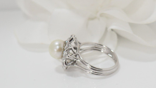 White Gold, Cultured Pearl and Diamond Flower Ring