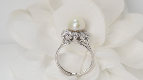 White Gold, Cultured Pearl and Diamond Flower Ring
