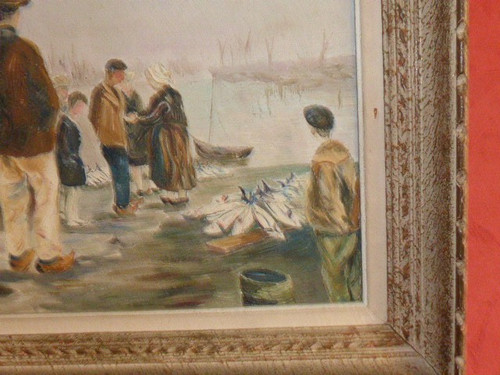 Painting oil on canvas view of port return from fishing FINISTERE (signed Fabien circa 1950)