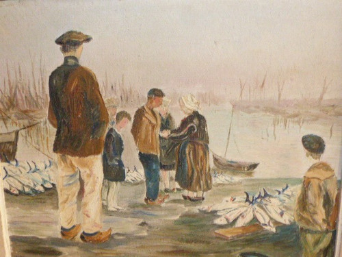 Painting oil on canvas view of port return from fishing FINISTERE (signed Fabien circa 1950)