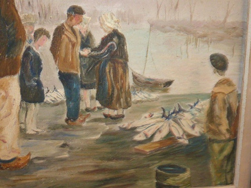 Painting oil on canvas view of port return from fishing FINISTERE (signed Fabien circa 1950)