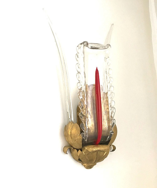 Pair of Wall Sconces, In Leafy Metal, Gilded And Glass - 1940s