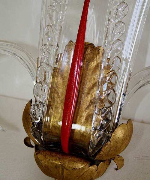 Pair of Wall Sconces, In Leafy Metal, Gilded And Glass - 1940s